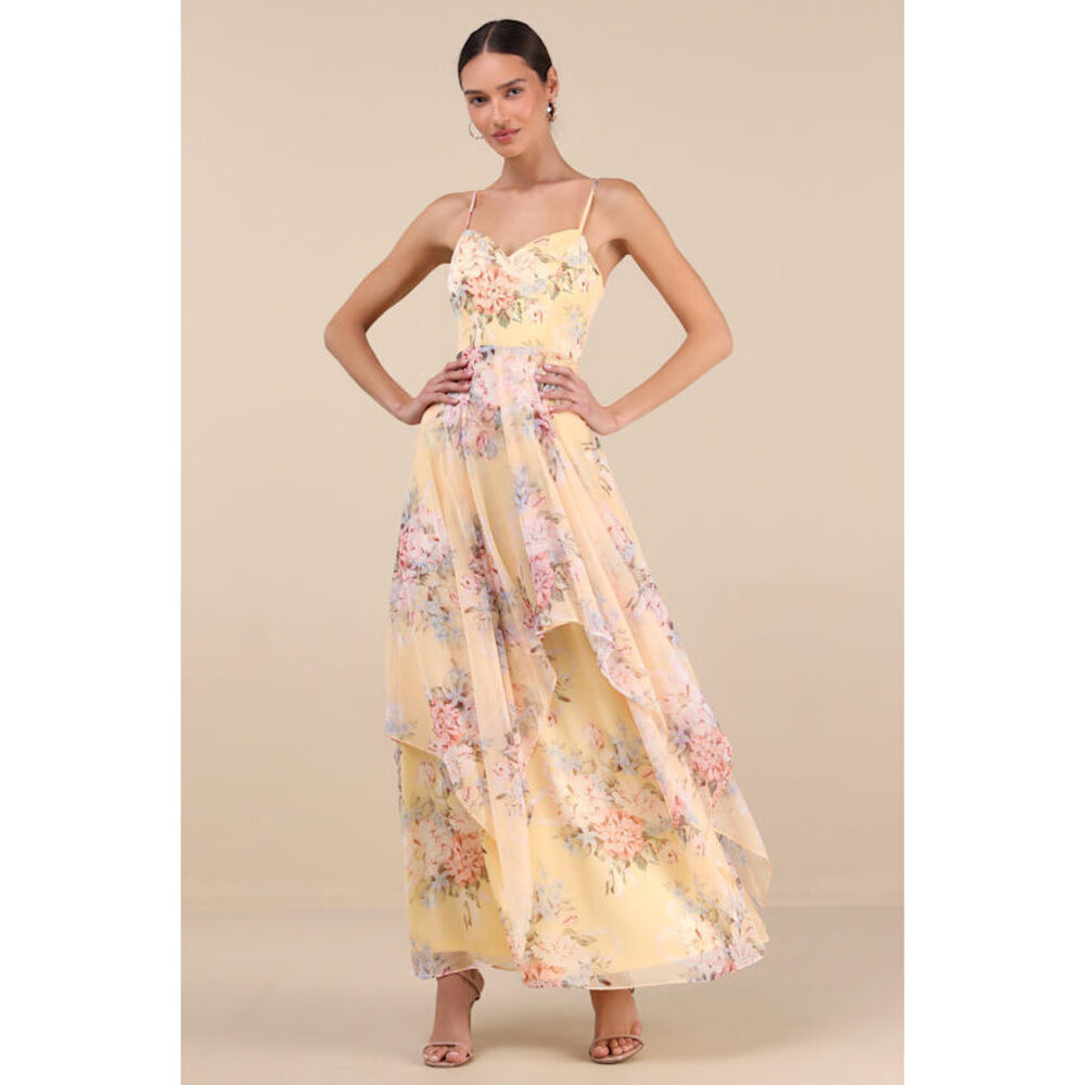 Lulus Breigh Yellow Floral Sleeveless Maxi Dress - Size M